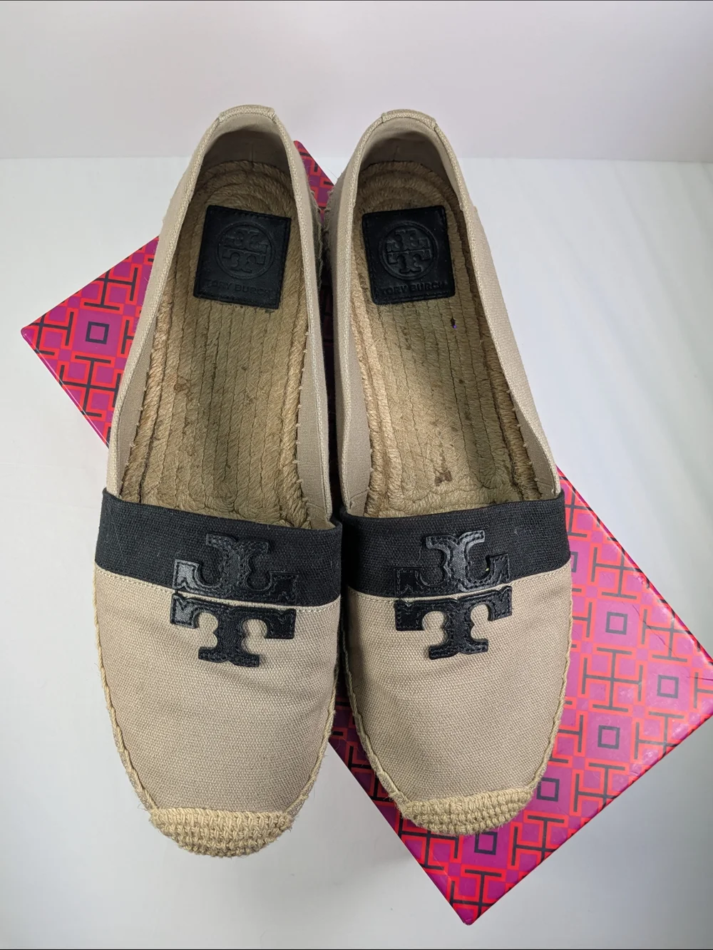 Tory Burch Women’s Beige Espadrille Slip-Ons with Black Trim
